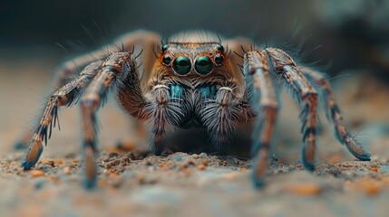 A photo of a Phidippus audax, a bold jumper spider, on sandy ground. Its colors and large green eyes stand out. It looks focused facing the camera in a sandy setting.