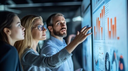 Business professionals analyzing market performance data on a digital dashboard, focusing on benchmarking and competitive analytics for strategic decision-making