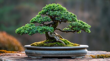 Wall Mural - A Bonsai featuring the delicate foliage, highlighted on a plain backdrop