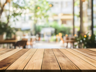 Wall Mural - Wooden board empty table in front of blurred background. Perspective brown wood over blur in coffee shop - can be used for display or montage your products.Mock up for display of product.