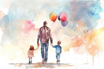 Poster - A family moment between a man and his two children, holding hands in a casual setting