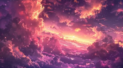 Wall Mural - A dark blue sky with fluffy white clouds and twinkling stars, great for use in astronomy or nature themed designs