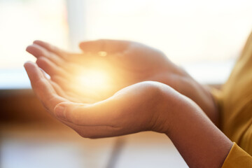 Aufkleber - Hands, idea and light with business person in office, closeup for development or inspiration. Bright, future and innovation with glow in palm of employee at workplace for growth, nurture or power