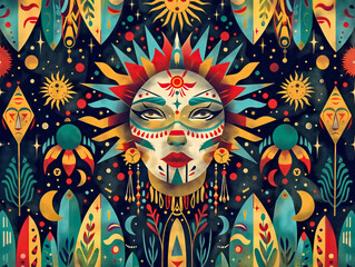 Sticker - A colorful painting of a woman with a sun on her head. The painting is full of bright colors and has a lot of detail. The woman's face is the main focus of the painting