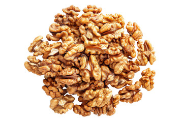 Top view of roasted peeled walnuts isolated on background, pile of dried nuts with high protein and nutrition.