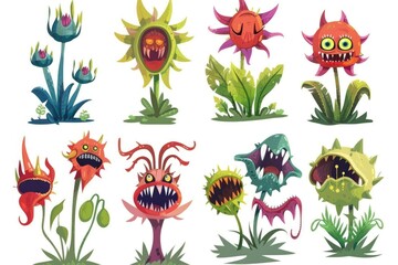 Wall Mural - Colorful cartoon plants growing in a green grassy area, ideal for illustrations and designs