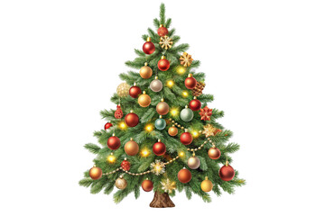 christmas tree decorated with ornaments garland vintage illustration isolated on a transparent backg
