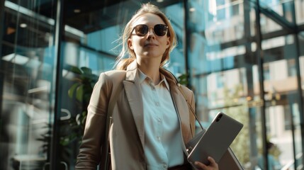 Poster - In a modern European office environment, a saleswoman arrives at work carrying a laptop and a smartphone, AI Generative