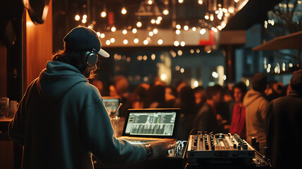 DJ spinning tracks on a modern setup with a crowd enjoying the music in the background 