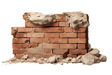 A Crumbling Brick Wall Surrounded by Dust and Debris in an Urban Setting on Transparent PNG Background.