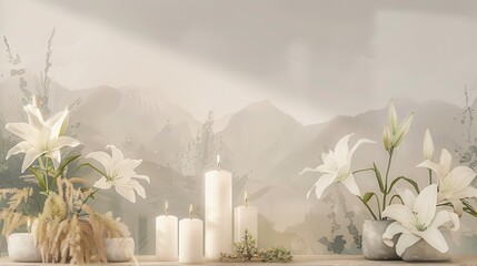 Wall Mural - Lilies and Candles on Altar, Biblical Illustration, Christian Easter and Resurrection, Beige Background, Copyspace