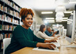 © peopleimages.com - Student, computer and face in college library for literature course, research and scholarship opportunity. Black woman, study and portrait in university for education, learning or writing ebook story