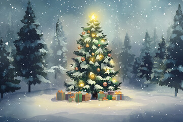 Wall Mural - Christmas Background,watercolor tree