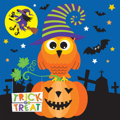 Canvas Print - Happy Halloween card design with owl on pumpkin