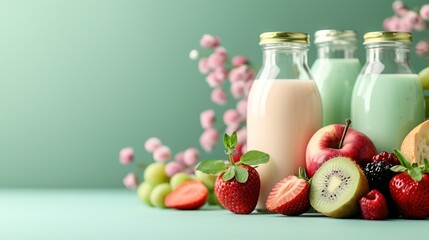  A collection of various fruit-filled bottles, with two kiwis positioned side by side