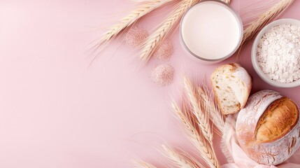 Sticker -   A loaf of bread, a glass of milk and ears of wheat on a pink background with copy space