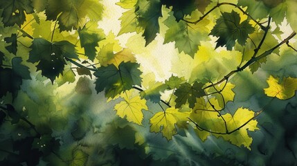 Wall Mural - A watercolor painting depicting sunlight streaming through the leaves of a forest canopy. The leaves are a mix of green and yellow, with some leaves being more illuminated by the sun. The painting cre