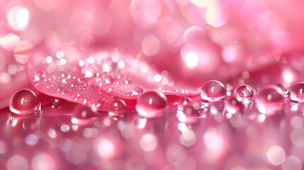 Wall Mural -   Pink background with water droplets on a pink surface and blurry background