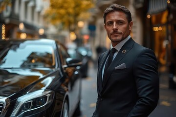 closeup of a professional chauffeur standing beside a luxurious black car crisp uniform and attentive posture exude sophistication and service