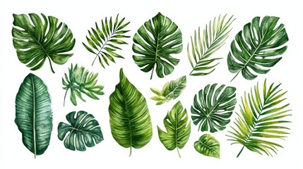 Aufkleber - Various tropical leaves are displayed in an artistic arrangement, showcasing their lush green hues and diverse shapes