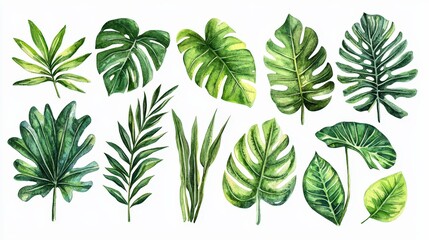 Aufkleber - A diverse assortment of lush green leaves arranged neatly on a clean white background, highlighting their unique shapes and textures
