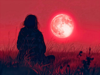 Wall Mural - A woman sits in a field of red grass, looking up at a large red moon. The scene is serene and peaceful, with the woman's silhouette against the backdrop of the moon and the grass