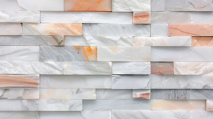 Wall Mural -   Close-up of white, orange marble blocks wall with red and orange stripe in between