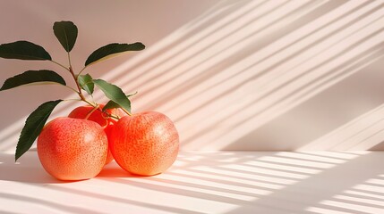   Two oranges rest atop a table alongside a green, leafy plant