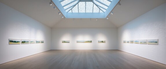 A modern art gallery with minimalist design, showcasing paintings in a serene and well lit space