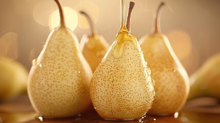 Wall Mural -   A trio of pears perched atop a wooden table beside an array of additional pears