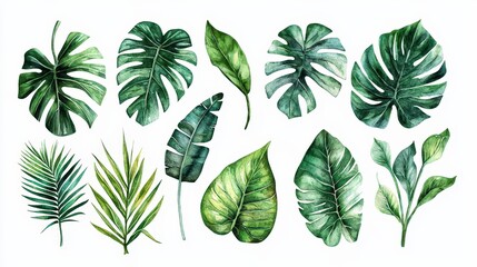 Aufkleber - Various tropical leaves are artfully arranged on a white background, displaying their unique shapes and rich green colors