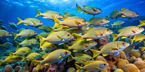 Vibrant school of blue-striped grunt fish swim together in crystal-clear waters, surrounded by coral reef and sea fans, in the Galapagos Islands.