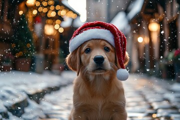 Wall Mural - A cheerful golden retriever with a Santa hat sits in a snowy street, surrounded by twinkling holiday lights and a festive atmosphere