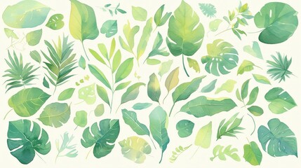 Aufkleber - Different shades and shapes of green leaves create a diverse botanical display on a light backdrop, emphasizing nature's beauty and variety