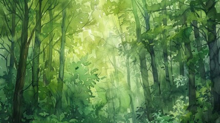 Wall Mural - A watercolor painting depicting a sunlit forest scene, with vibrant green foliage and tall trees casting shadows on the forest floor. The painting evokes a sense of tranquility and peacefulness.