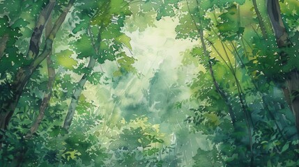 Wall Mural - A watercolor painting depicts a dense, lush forest with sunlight breaking through the leaves, illuminating the path ahead. The trees are tall and their branches intertwine, creating a canopy overhead.