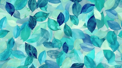 Wall Mural - A seamless pattern of blue and green leaves painted in watercolor, creating a calming and organic design. The leaves are layered on top of each other, creating a sense of depth and texture. The overal