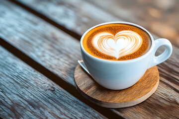 Sticker - Close up white coffee cup with heart shape latte art on wood tab