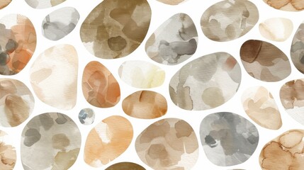 Wall Mural - An abstract watercolor pattern featuring a variety of brown and gray stones, each painted with delicate washes of color. The stones are arranged in a random pattern on a white background, creating a v