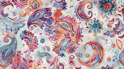 Leinwandbilder - A seamless pattern featuring vibrant, colorful paisley designs with floral accents on a white background. The paisley shapes are intricately detailed and appear to be painted in a watercolor style, cr