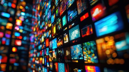 Poster - A wall filled with illuminated screens showcases a variety of digital content, creating an engaging and dynamic visual experience