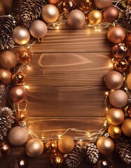 Wall Mural - Christmas wreath with golden ornaments and lights on a wooden background, Christmas background