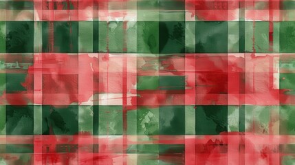 Leinwandbilder - An abstract watercolor pattern featuring a plaid design in shades of red and green. The colors are blended and layered, creating a soft and delicate effect.