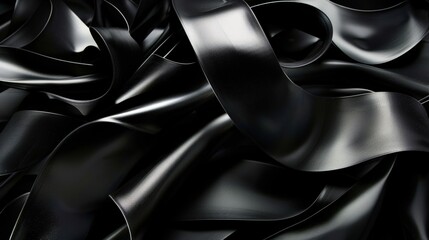 Leinwandbilder - Smooth black ribbons elegantly twist and intertwine, creating a captivating and dynamic pattern atop a flat surface in natural light