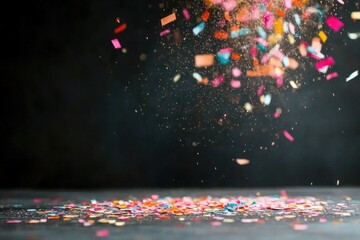 Wall Mural - Explosion of colorful confetti in mid-air, with a blurred background creating a festive and joyful atmosphere