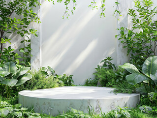 Poster - Empty marble podium surrounded by lush greenery displaying products