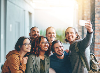 Poster - Smile, students and selfie for education outdoor with social media post, photography and bonding together. Happy, people and friends for profile picture, update and online app of university memory