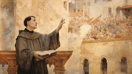 Illustration of Preaching of St. Dominic de Guzman in 13th-Century Spanish City, Biblical Illustration, Beige Background, Copyspace,Christian banner