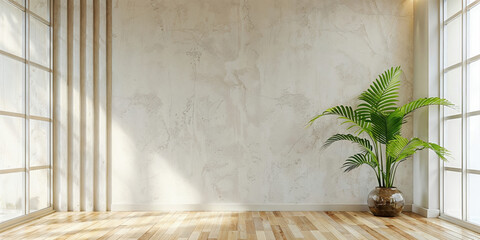 Aufkleber - Minimalist empty room with large windows and a plant receiving sunlight