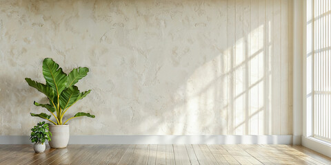 Aufkleber - Sunlight casting geometric shadows on empty room wall with plants